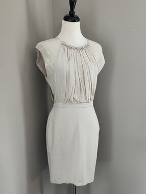 Trina Turk Cream Taupe Pleated Crepe Fabric  Sheath Designer Midi Dress